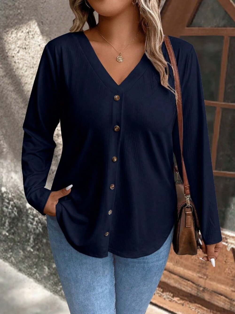 Solid Button Front Tee 1X - Picture 1 of 2